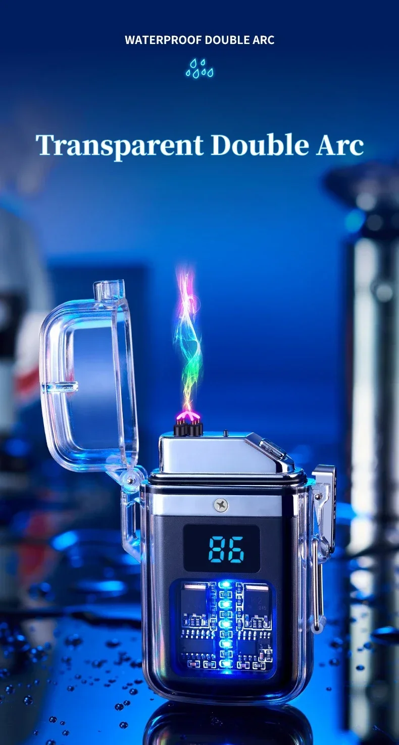 Description Picture 2 of itemHigh-end USB Rechargeable Double Arc Plasma Pulse Lighter Waterproof and Windproof Flameless Battery Display Electric Lighter