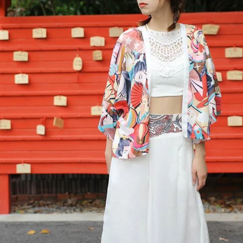 2024 New Summer Retro Chinese Style Loose Fitting Thin Versatile Chiffon Half Sleeved Printed Cardigan for Women's Coats Top