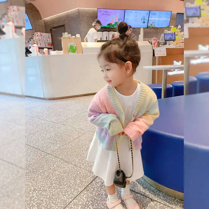 New Girls' Autumn Clothes Rainbow Knitted Cardigan Children's Foreign Style Sweater Pullover Baby Knitted Sweater