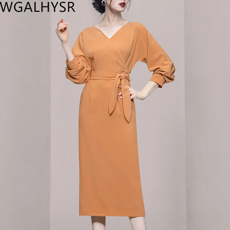 

Элегантные офисные платья-карандаш на шнуровке, лето 2023, вечерние платья с V-образным вырезом и длинным рукавом, платья