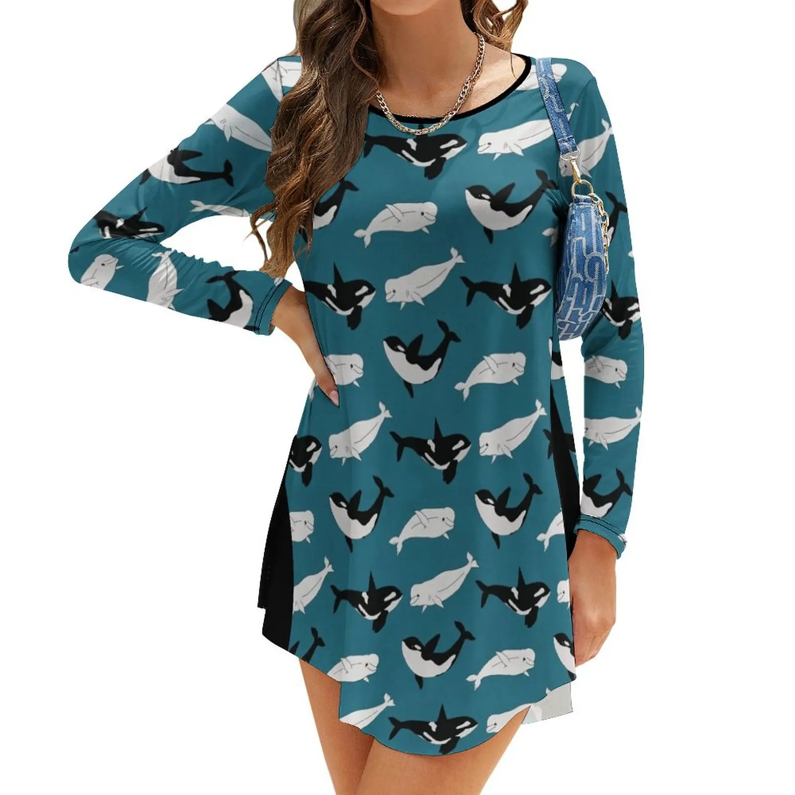 

Belugas & Orcas on Teal Long-Sleeve Dress women dress dresses summer woman 2024