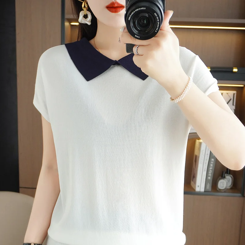 

Women's T-shirt Summer Worsted Sweater Short Sleeve Casual Spliced ​​Lapel Ladies Tops Loose Blouse Pullover Tees