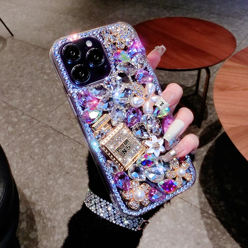 

Роскошный чехол со стразами для флакона парфюма Samsung S23 S22 S21 S20 Note 20 10 A14 A42 A72 A73 A52 A82 чехол с кристаллами и жемчужинами и цветами