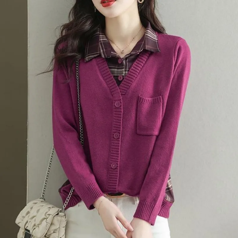 

2023 Autumn and Winter Women's Pullover Polo Neck Long Sleeve Plaid Button Pockets Patchwork Loose Sweaters Fashion Casual Tops