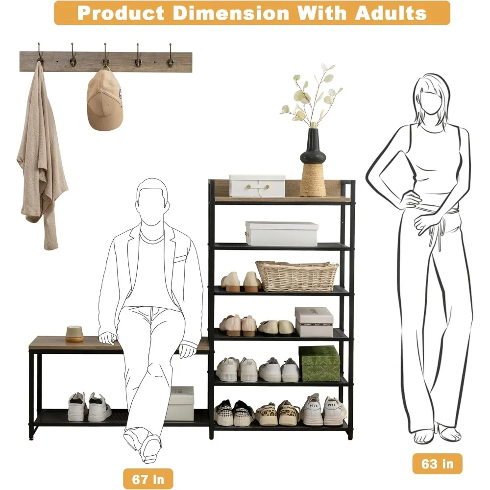 6-tier coat rack shoe bench set, entryway bench with 6 hooks coat rack, hall tree and shoe storage for entryway, hallway, garage