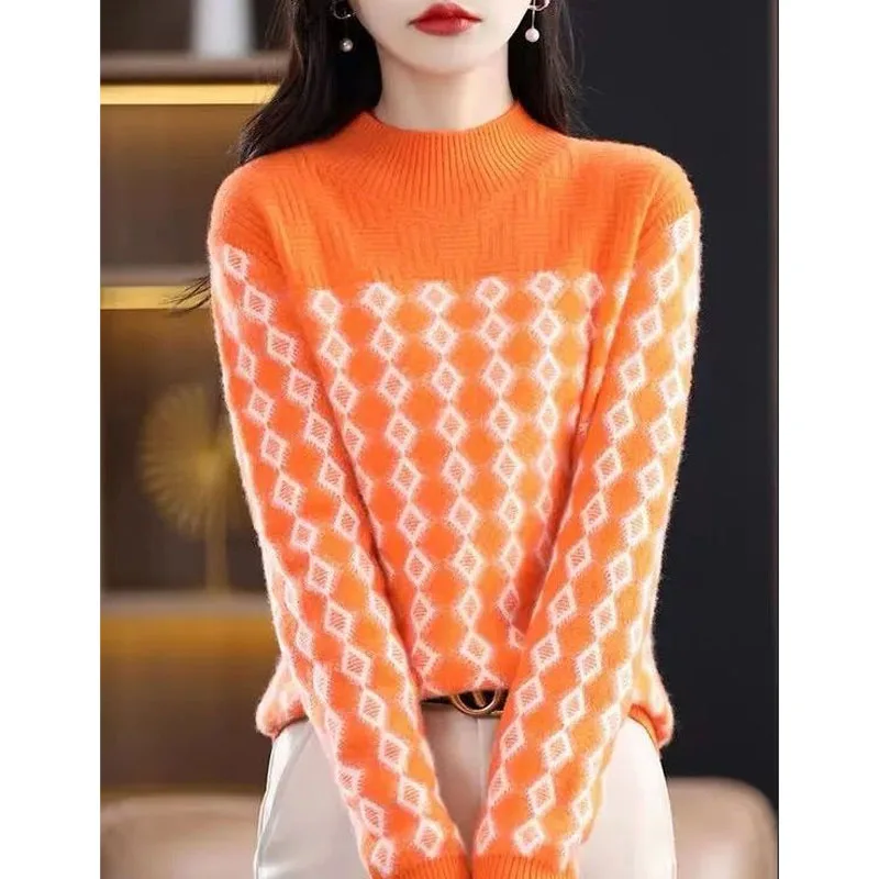 

New Autumn Fashion Trend Fireworks Plaid Jacquard Half High Collar Colored Versatile Loose Relaxed Slim Style Women's Sweater