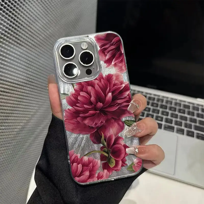 Artistic Clear Phone Case with Red Rose Floral Design and Retro Botanical Print