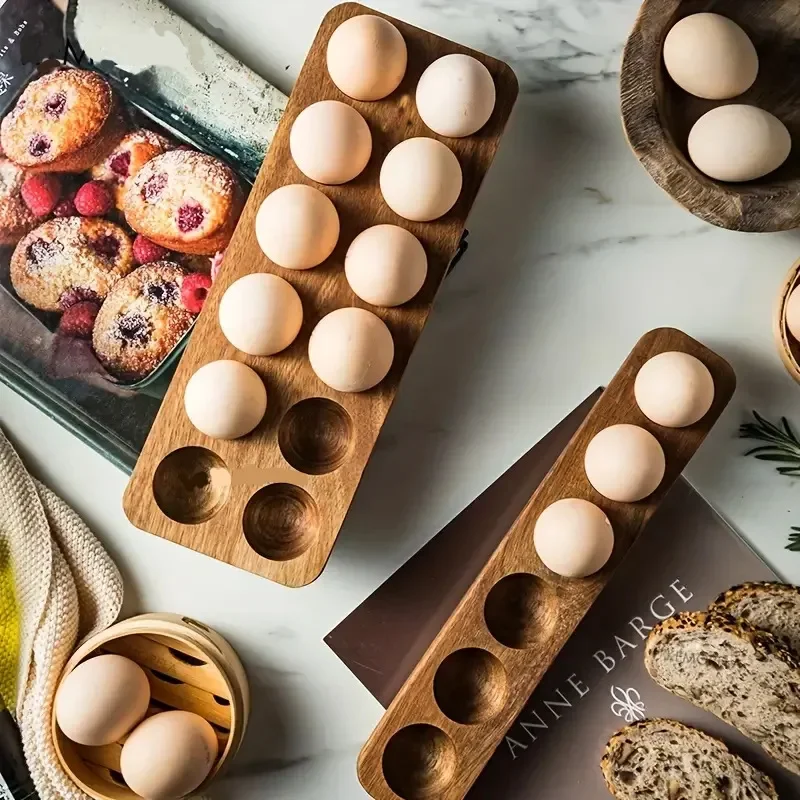 Wooden Egg Tray with Acacia Wood, Japanese Style Egg Storage Container for Fridge and Kitchen Eggs Slot Holder 4