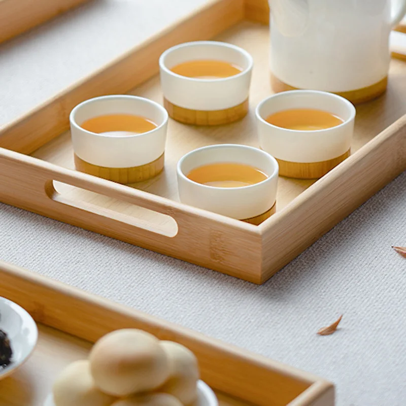 Rectangle Wide Bamboo Tray Storage Bin with Handles Tableware Teacup Holder for Serving Dinner Food Fruit Bread Dessert Tea set