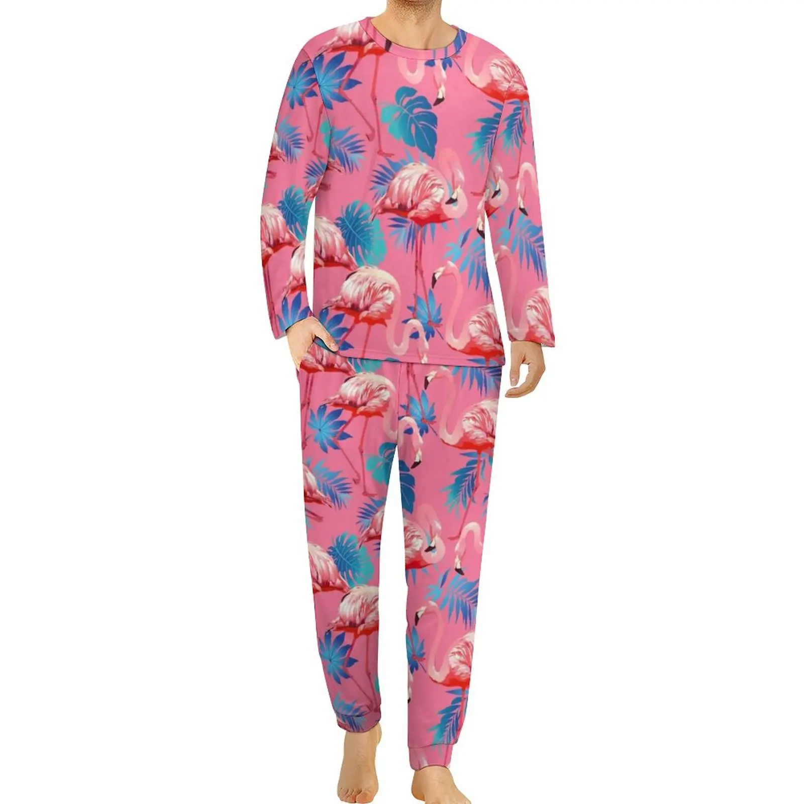 

Flamingo Pajamas Long Sleeve Palm Tree Leaf 2 Pieces Sleep Pajamas Set Spring Men Graphic Romantic Oversized Nightwear