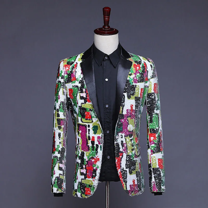 

Colorful printed sequined suit top stage costume singer