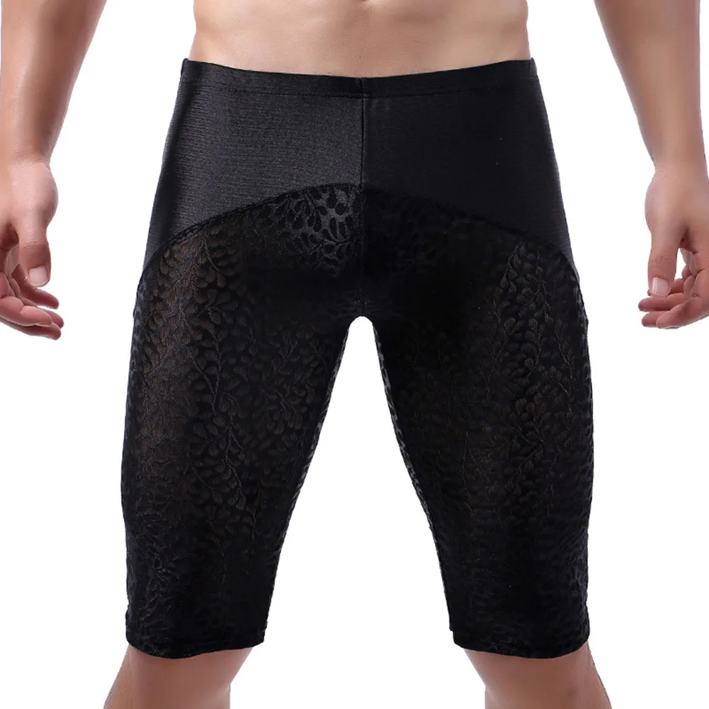 

Men Long-Leg Underpants Sexy Lace Jacquard Weave Underwear See-through U Convex Pouch Boxer Brief Middle Waist Panties