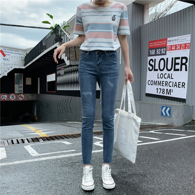 

Новинка женские эластичные узкие брюки-карандаш с высокой талией узкие джинсы с эффектом пуш-ап синие повседневные женские девятые джинсовые осенние женские 4XL