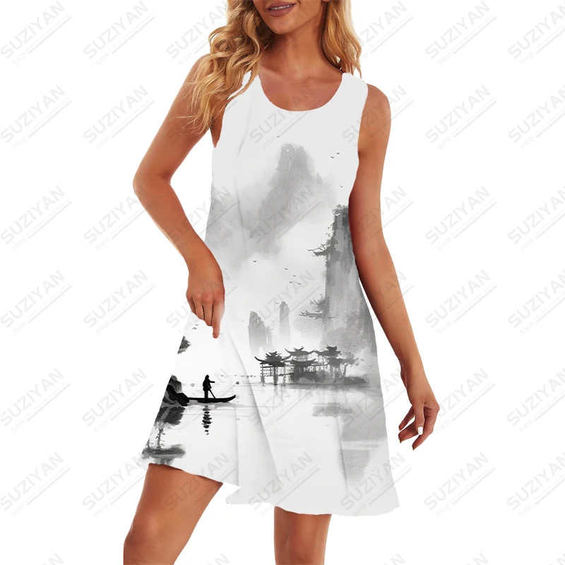 

Summer new lady's sleeveless dress landscape ink painting 3D printed ladies sleeveless dress Chinese style sleeveless dress