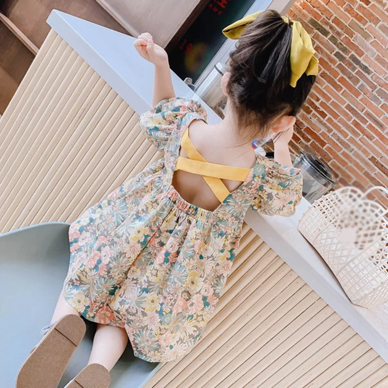 Summer Girls Dress Sweet Korean Version Skin-friendly Princess Dress Floral Print Stylish Lovely
