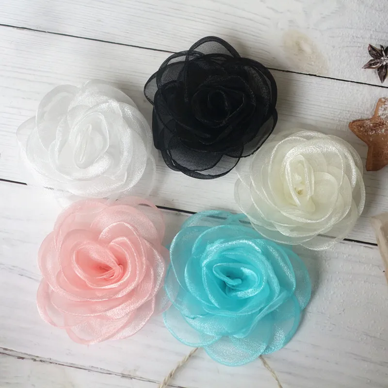 10PCS 8CM Artificial Flowers Head Organza Fabric Hairpin