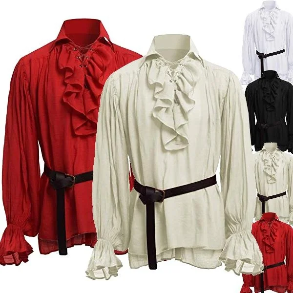

Wholesale Medieval Renaissance Lacing Up Shirt Bandage Tops Ruffles Shirt Fashion Men Vintage Costume Fluffy Long Sleeve Male