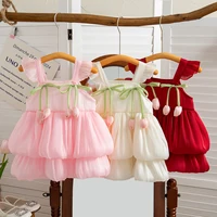 Summer New Style Two Tulip Suspender Flower Bud Skirt For Girls Aged 0-3 Double Layered Flying Sleeve Solid Color Dress