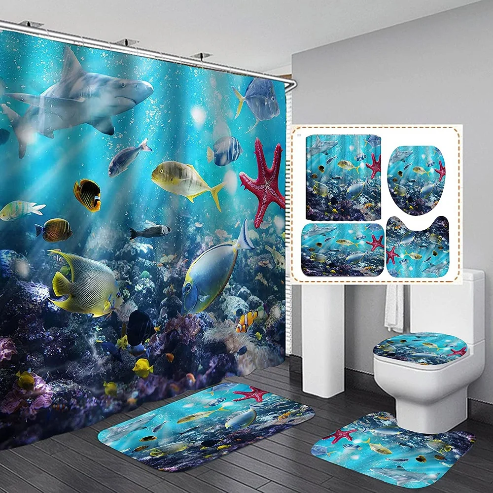 Set Di Tende Da Doccia Blue Sea Dolphin Tappeti Antiscivolo Coperchio Del Water Tappetino Da Bagno Colorato Reef Tropical Ocean Animal Bathroom Decor