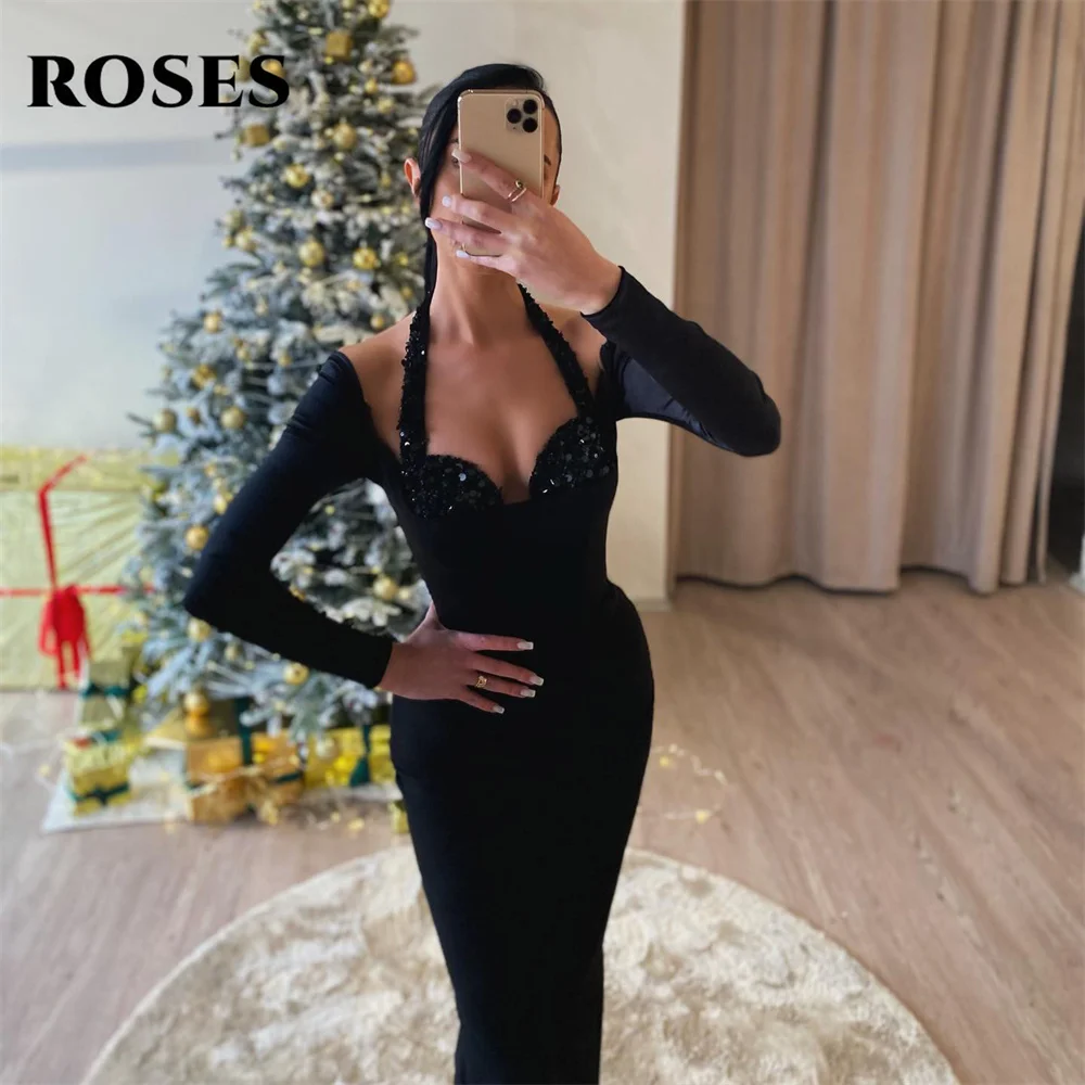 

ROSES Black Charming Prom Dress Gown Halter Mermaid Formal Gown Sweetheart Full Sleeve Evening Gown Custom vestidos de noche