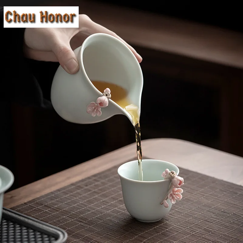 245ml Boutique Azure Ru Kiln Celadon Tea Pitcher Handmade Knead Pink Plum Blossom Ceramic Tea Maker Justice Cup Tea Ceremony