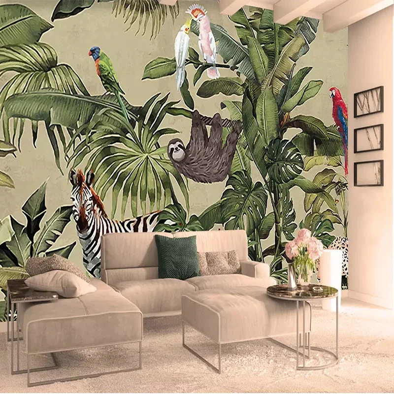 Custom 3D Mural Wallpaper Retro Tropical Rainforest Animal Palm Leaf Wall Cloth Living Room TV Sofa Background Papel De Parede