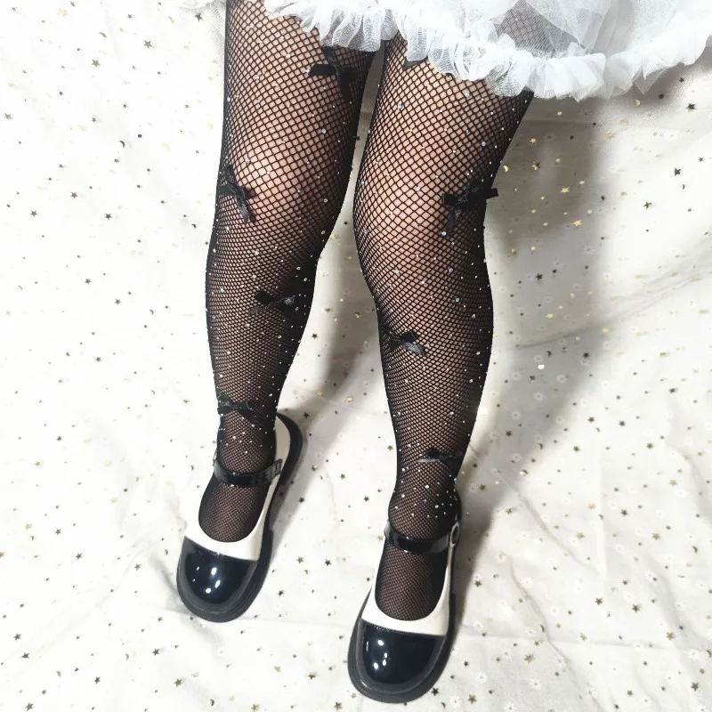 Diamond Net Socks Children's Color Stockings Women's Hollow Bottom Socks Bow Pantyhose with Drill Socks
