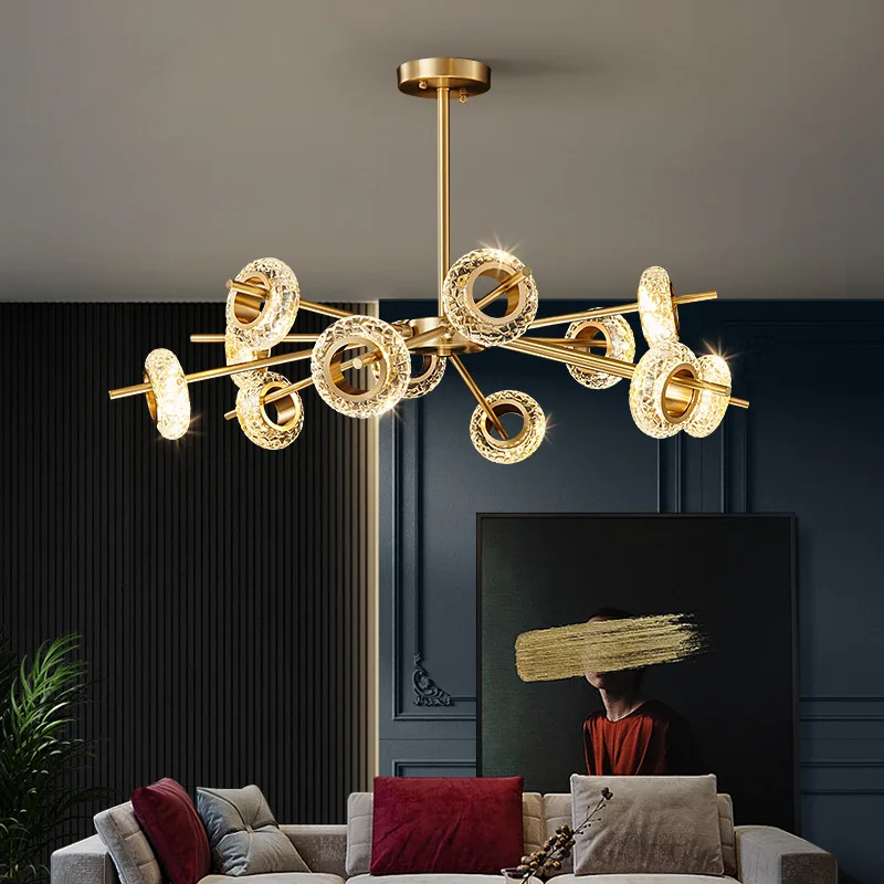 

Luxury Led Chandelier Wristband Crack Crystal Ceiling Lamps New Copper Molecular Home Decor Living Room Bedroom Pendant Light