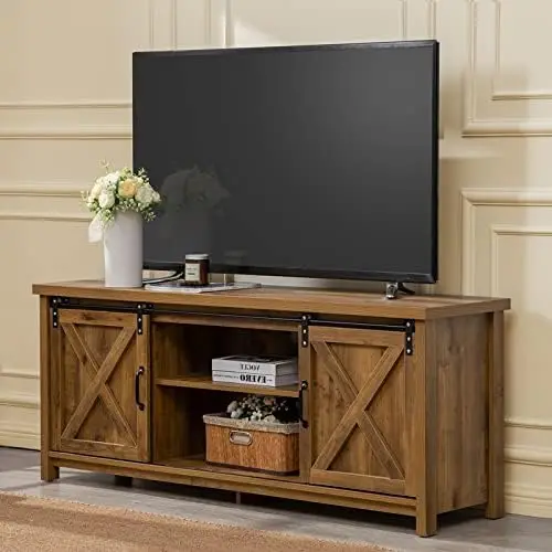 

Farmhouse TV Stand with Sliding Barn Doors, Media Entertainment Center Table for TVs up to 65\u201D,2-Tier Large Storage Cabinet