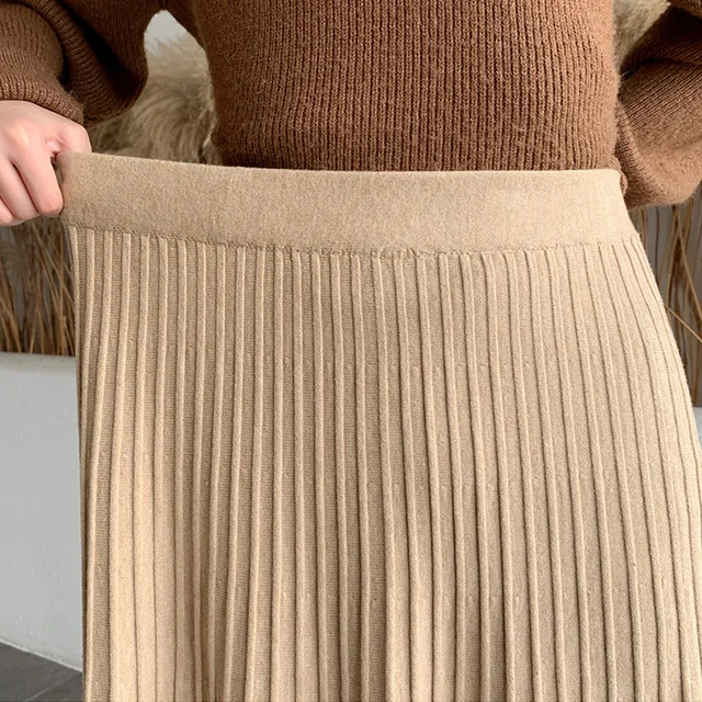 Winter Thickened Rib Knitted Large Swing Maxi Long Skirts