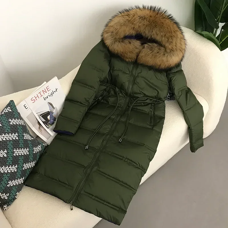 2023 New X-Long Jacket Real Raccoon Fox Fur Collar Hooded Winter Women White Duck Down Female Thick Warm Coat Luxury Outerwear