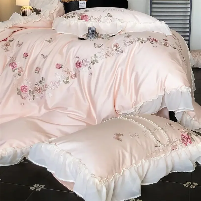 Flowers Butterfly Embroidery Lace Ruffles Bedding Set 1000TC Egyptian Cotton Duvet Cover Bed Sheet/Fitted Sheet Pillowcases 4Pcs