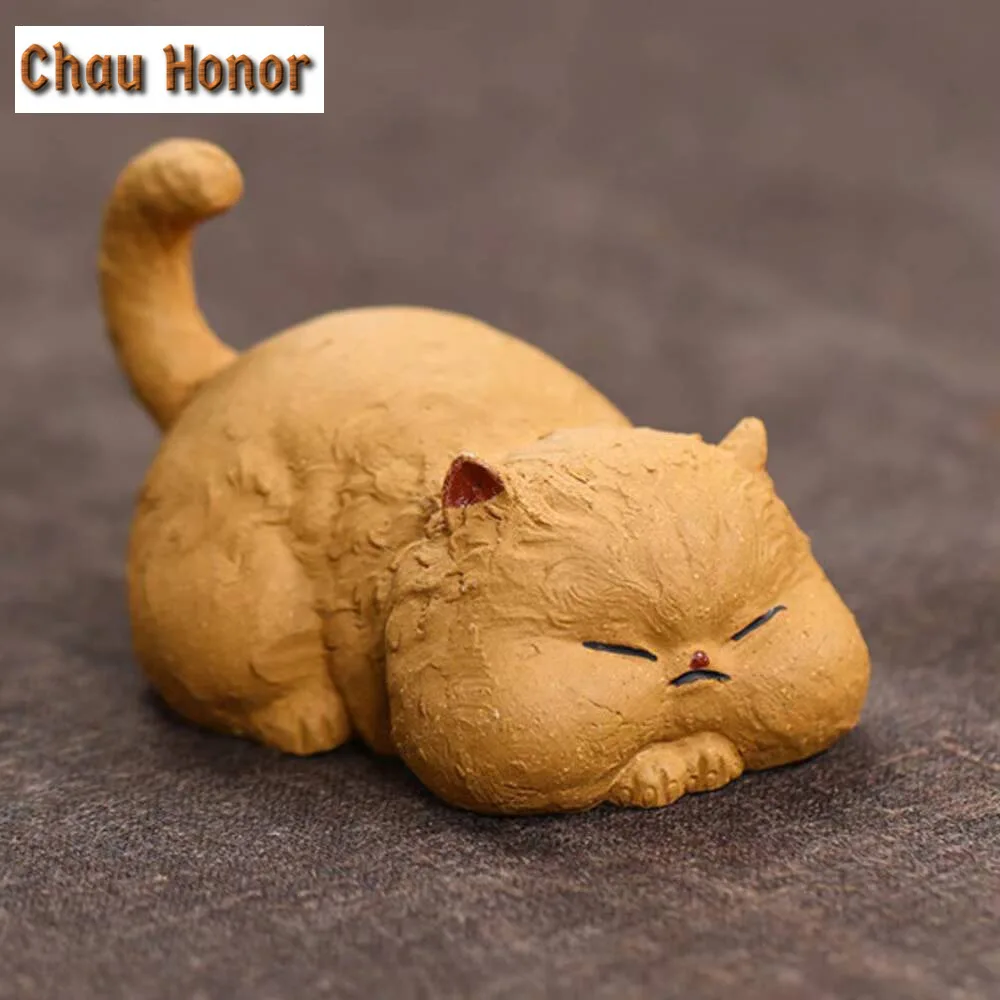 Creative Cat Purple Sand Tea Pet Handcrafted Lucky Ingot Cat Small Ornaments Tea Play Figurine Sculpture Accessories Decoration