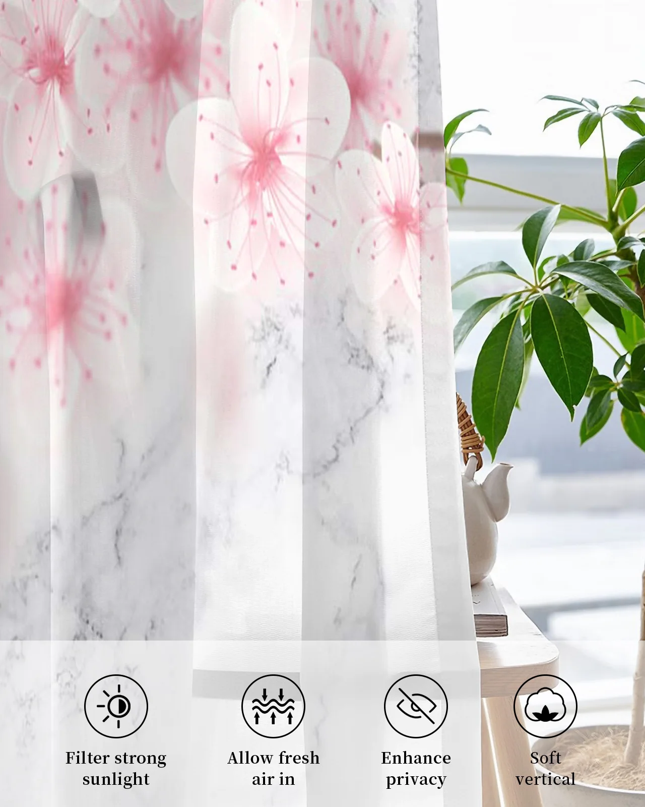 Marble Peach Pink Flower Sheer Curtains For Living Room Window