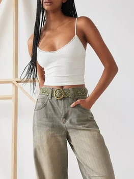 Women Crop Fitted Camisole Lace Trim Summer Spaghetti Strap Tank Tops Sleeveless T-Shirt for Streetwear Clubwear 1