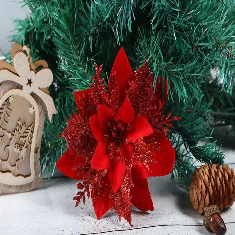 1pcs 14cm Glitter Artificial Christmas Flowers Xmas Tree Ornaments Merry Christmas Decorations for Home New Year Gift