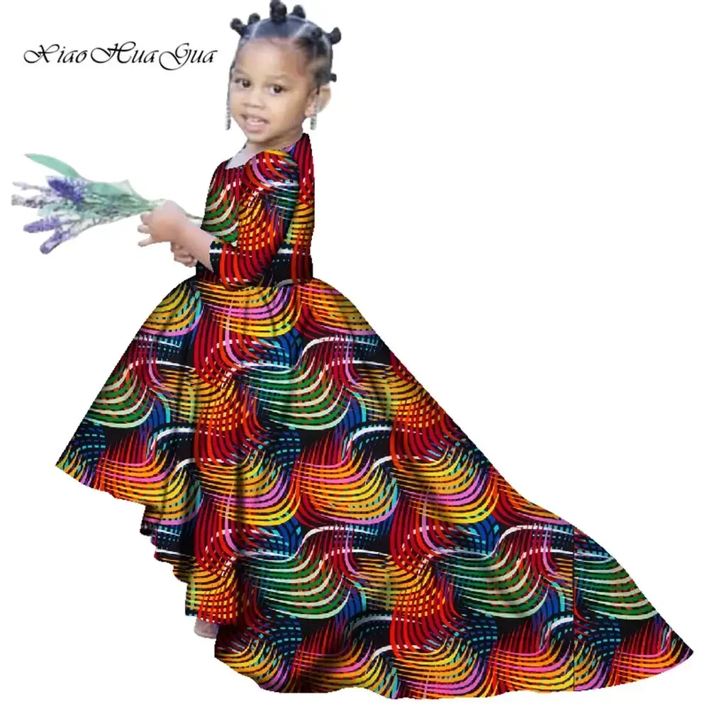 African Girl Dresses Ankara Print Dashiki Long Party Dress Pure Cotton Children's Natural Bazin Riche Dashiki Dresses WYT325