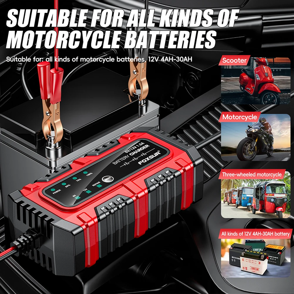 6V/12V 1.5A Electric Motorcycles Charger Smart Charger Moto Battery Charger for Car Truck Boat SUV Lead-Acid AGM GEL Batteries