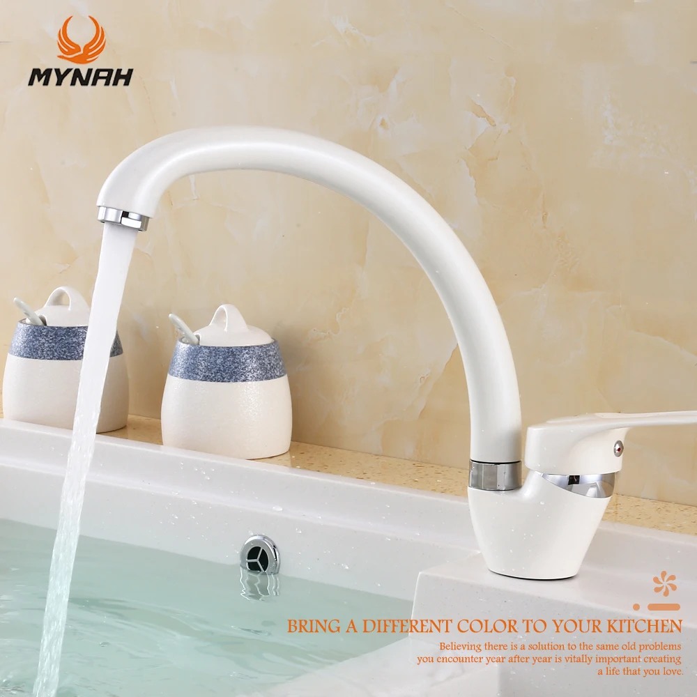 MYNAH White Painting Kitchen Sink Faucet Hot and Cold Water Mixer Single Handle Swivel Spout Kitchen Taps 5 Color Available