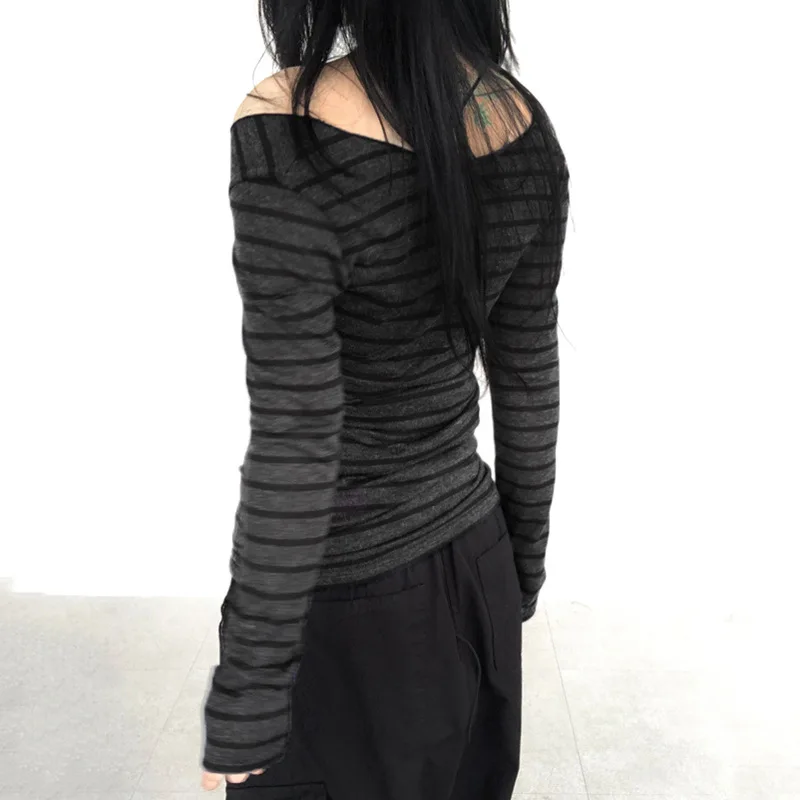 Lamuusaa Grunge Top y2k Clothes Women Cybercore Striped Off Shoulder Long Sleeve T Shirt 2000s Gothic Clothing Fall Streetwear 2
