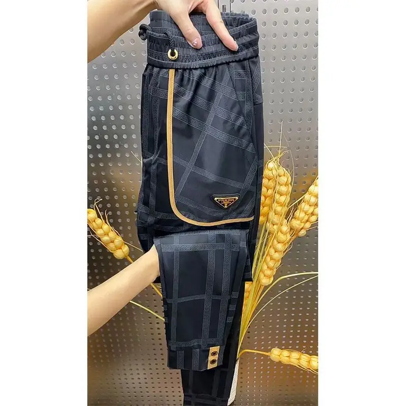 Quick Drying Trousers Summer New Men's Color Patchwork Elastic Printing Pockets Drawstring Trendy Loose Young Style Pencil Pants