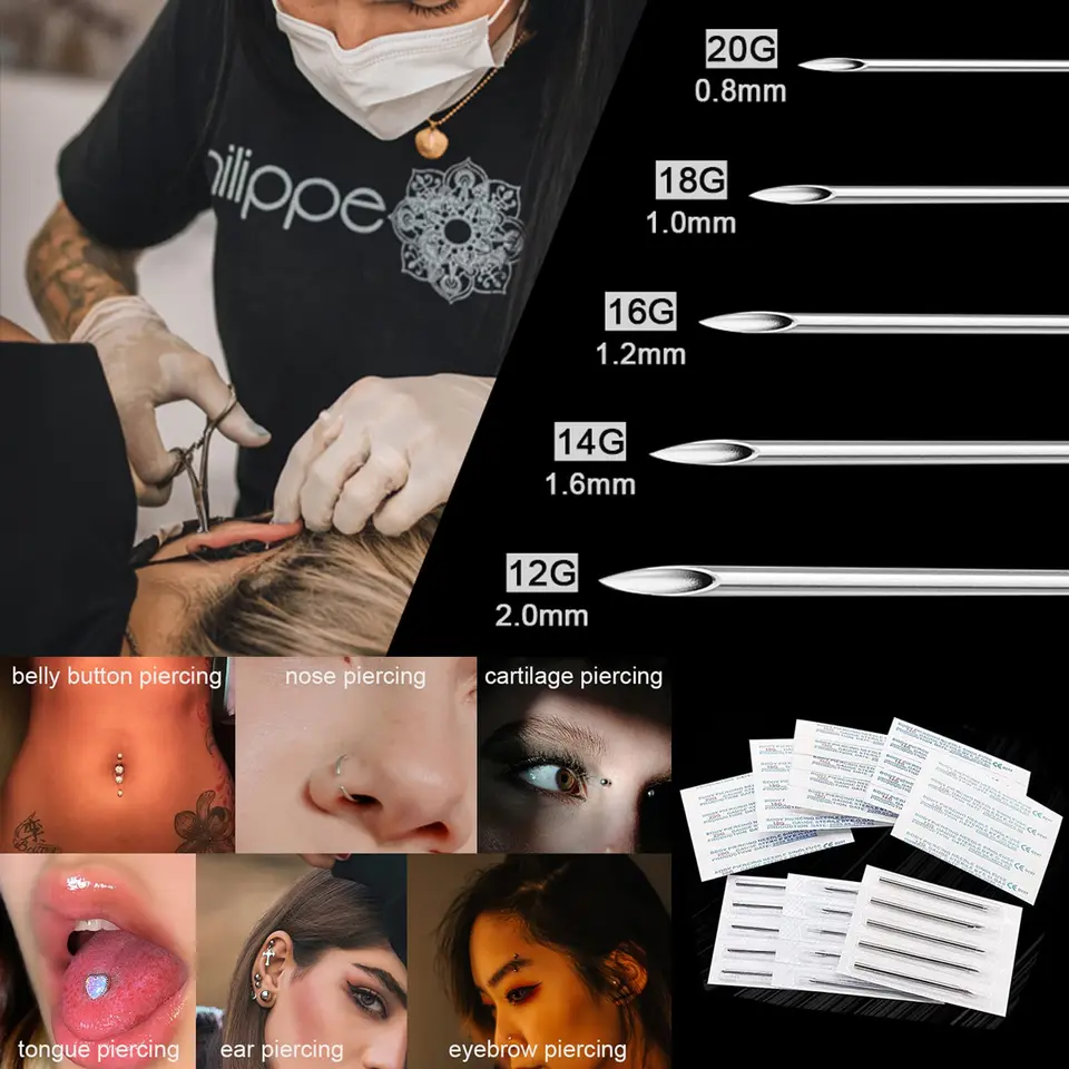 Rayyl Piercingset, Oorpiercingnaalden 12G, 14G, 16G, 18G, 20G met Verschillende Piercingklemmen, 42PCS, Roestvrij staal