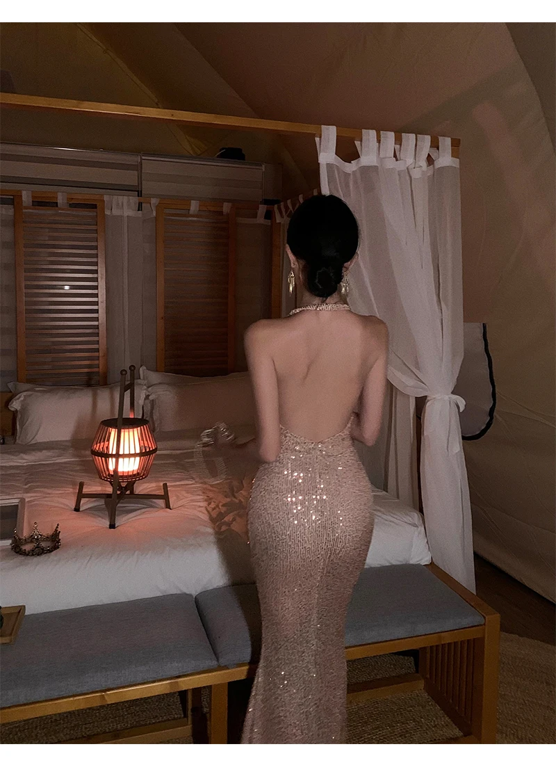 Sexy Bodycon Long Dresses for Women Halter Sleeveless Backless Evening Party Dress Sequined Prom Robe Summer Maxi Vestido Mujer