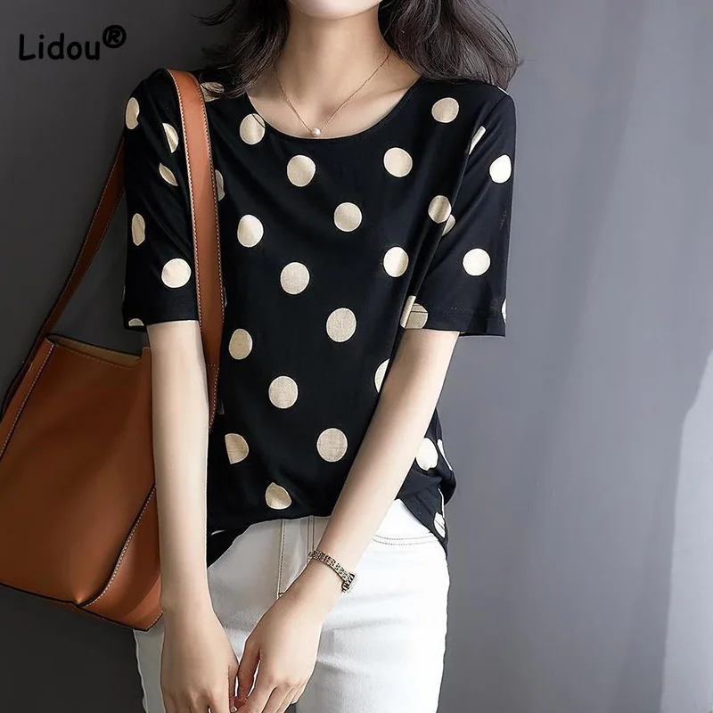 

100% Pure Cotton Short Sleeve Simplicity Round Neck Polka Dots Casual Basic Pullover All-match Black Top Summer Clothes Women