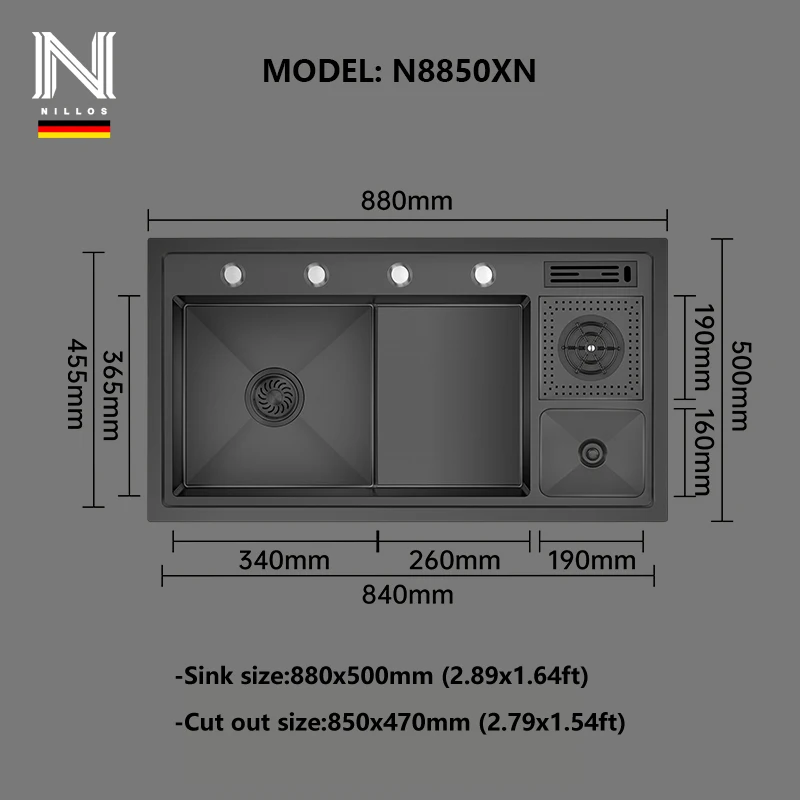 N8850XN Multifunctional Glass Rinser Stepped Stainless Steel Nano Single Bowl Kitchen Sink 2