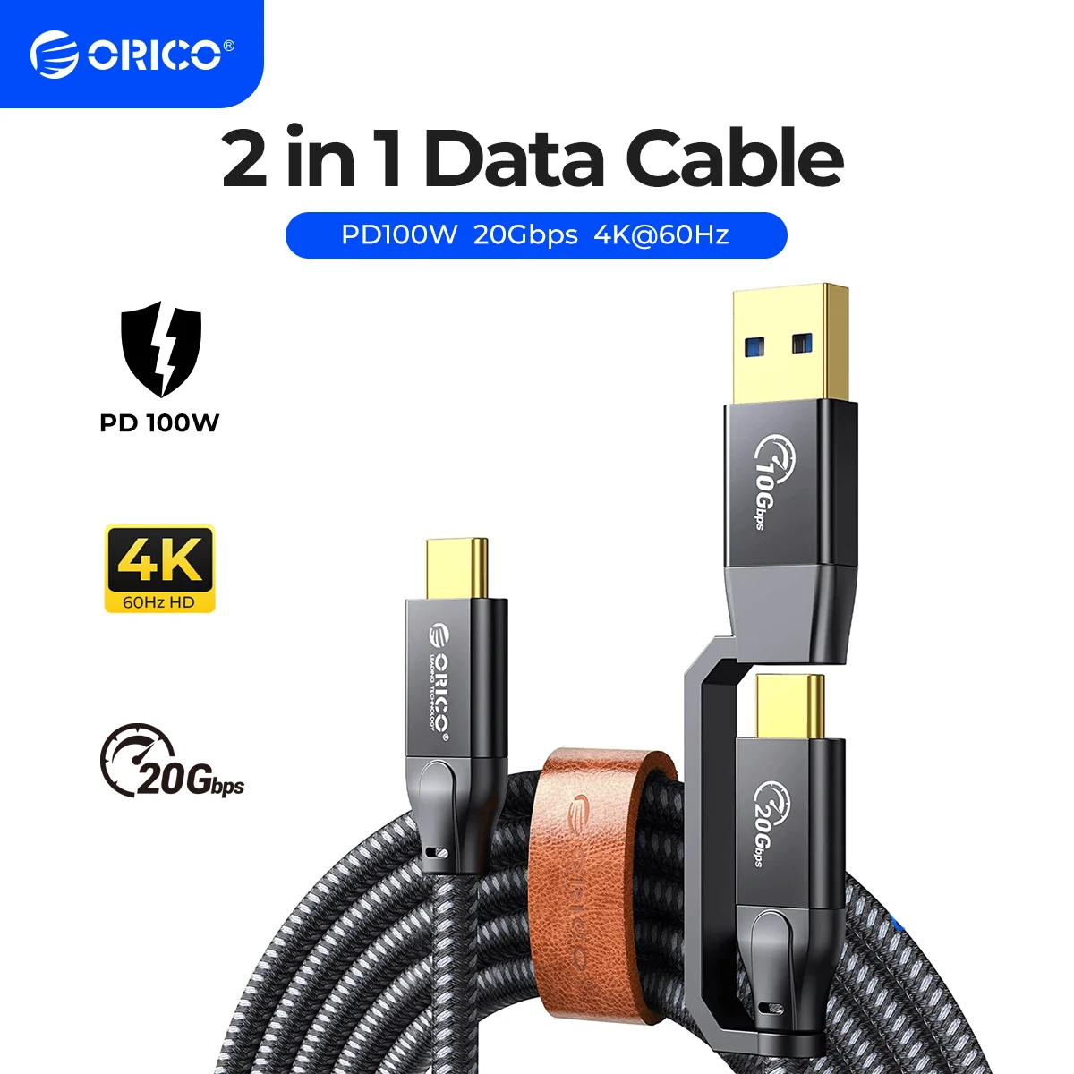 ORICO 5 м2 в 1 кабель USB C 20 Гбит / с PD100W Кабель для быстрого зарядного устройства USB3.2 Gen 2 HD 4K @ 60 Гц видео в оплетке с E-mark для ноутбука MacBook