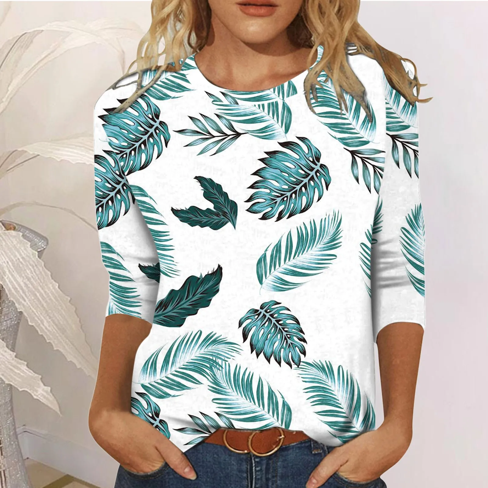 

Sweatshirts Women Summer 2024 Three Quarter Sleeve Printed O-Neck T-Shirt Butterfly Print Tops Pullover Blouse Roupas Feminina