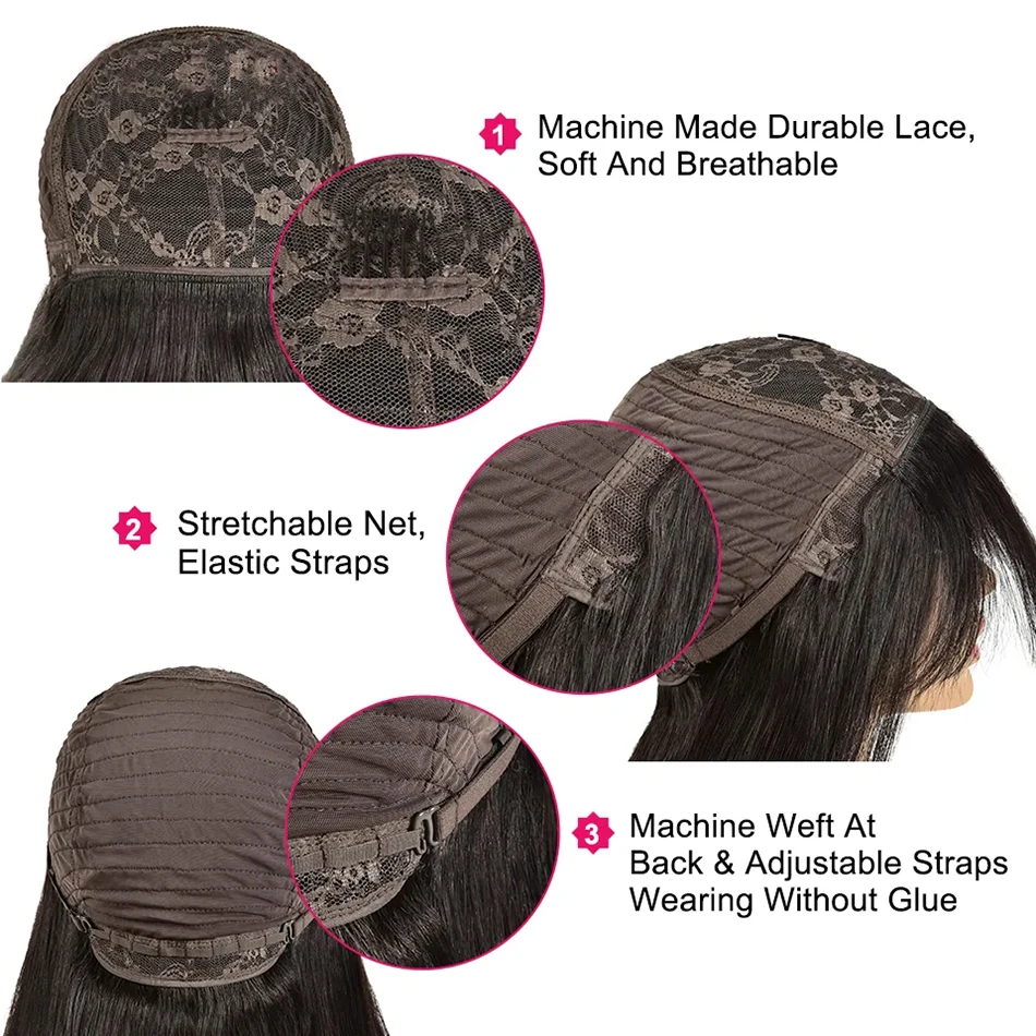 Silky Straight Human Hair Wigs With Bang Full Machine Made Wigs 8-30inch Natural Color AHJF Peruvian Remy Human Hair Wigs 220% 6