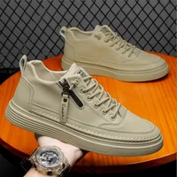Fashion Zipper Leather Shoes Comfortable Sports Sneakers Slip on Shoes For Men High Top Leather Casual Shoes Flat Ankle Boots 2