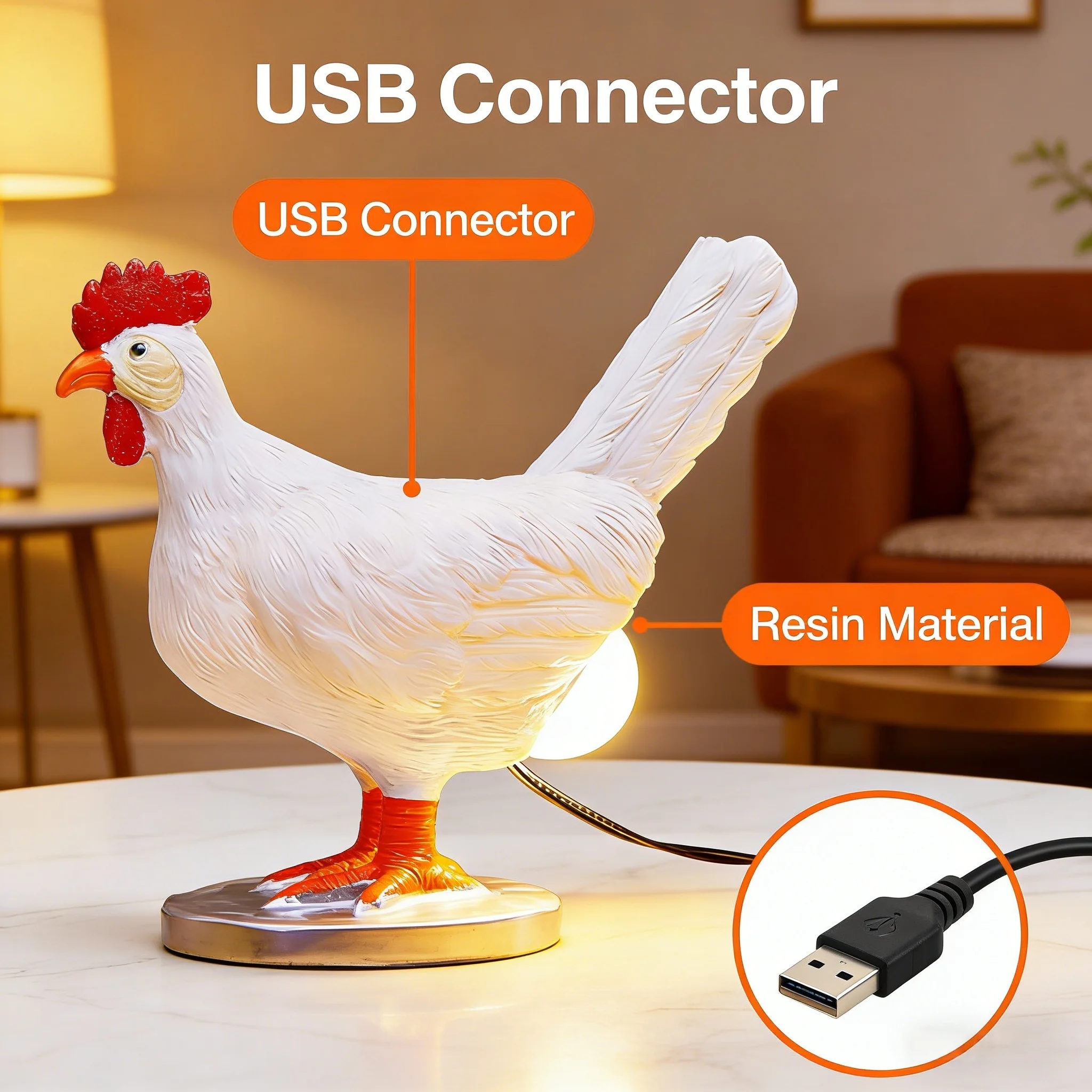 USB 레진 치킨 무드등, 참신한 닭알 테이블 램프, 귀여운 동물 장식 램프 (침실용), 선물용